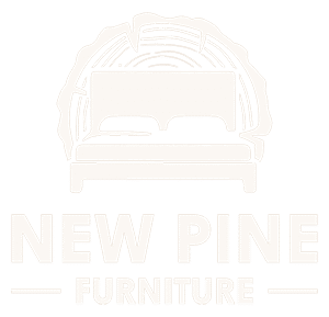 New Pine Furniture logo with pine bed and tree‑ring graphic.