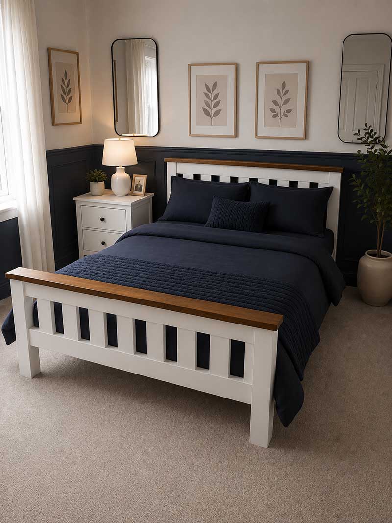 White solid pine bed with natural wood detailing, handmade quality pine furniture.
