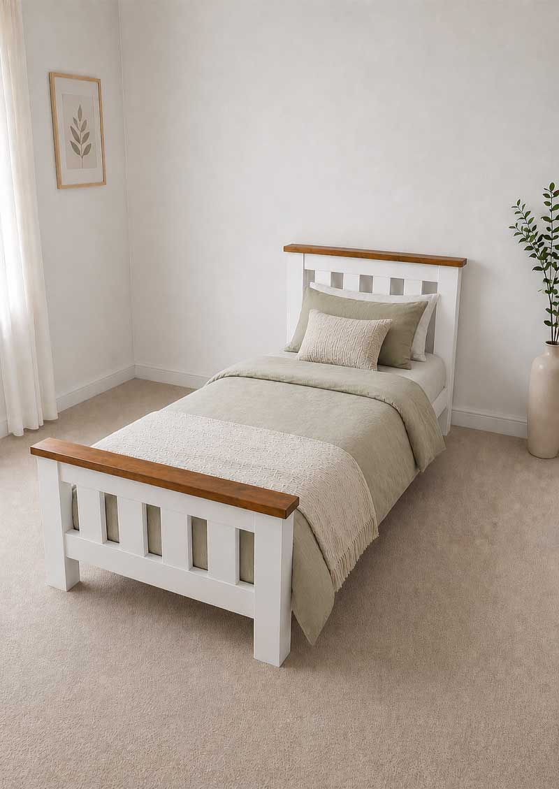 Single solid pine bed with natural wood accents, handmade quality pine furniture.