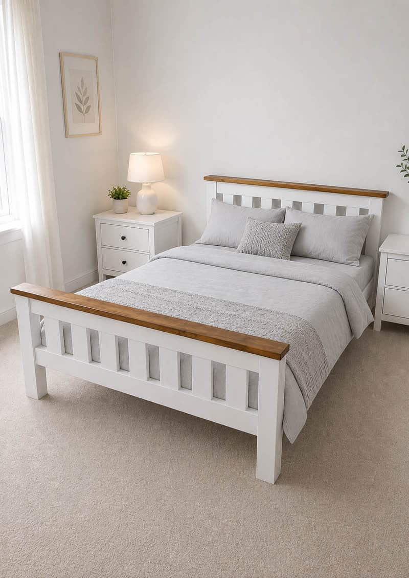 White solid pine bed with natural wood accents, handmade quality pine furniture.