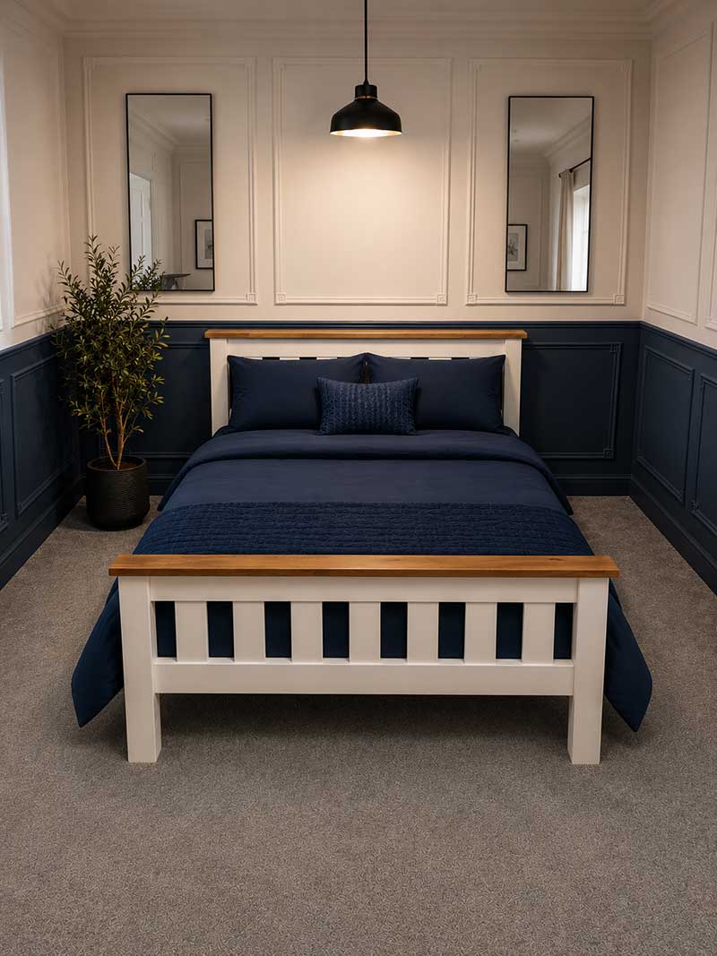 White solid pine bed with natural wood top, handmade quality pine furniture.