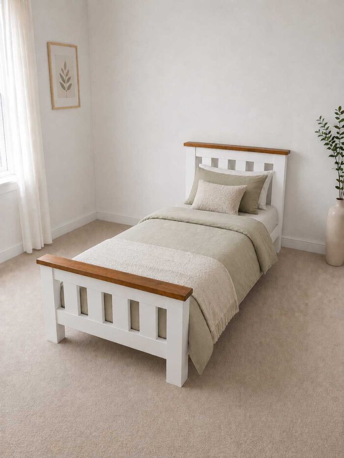 Single solid pine bed with natural wood accents, handmade quality pine furniture.